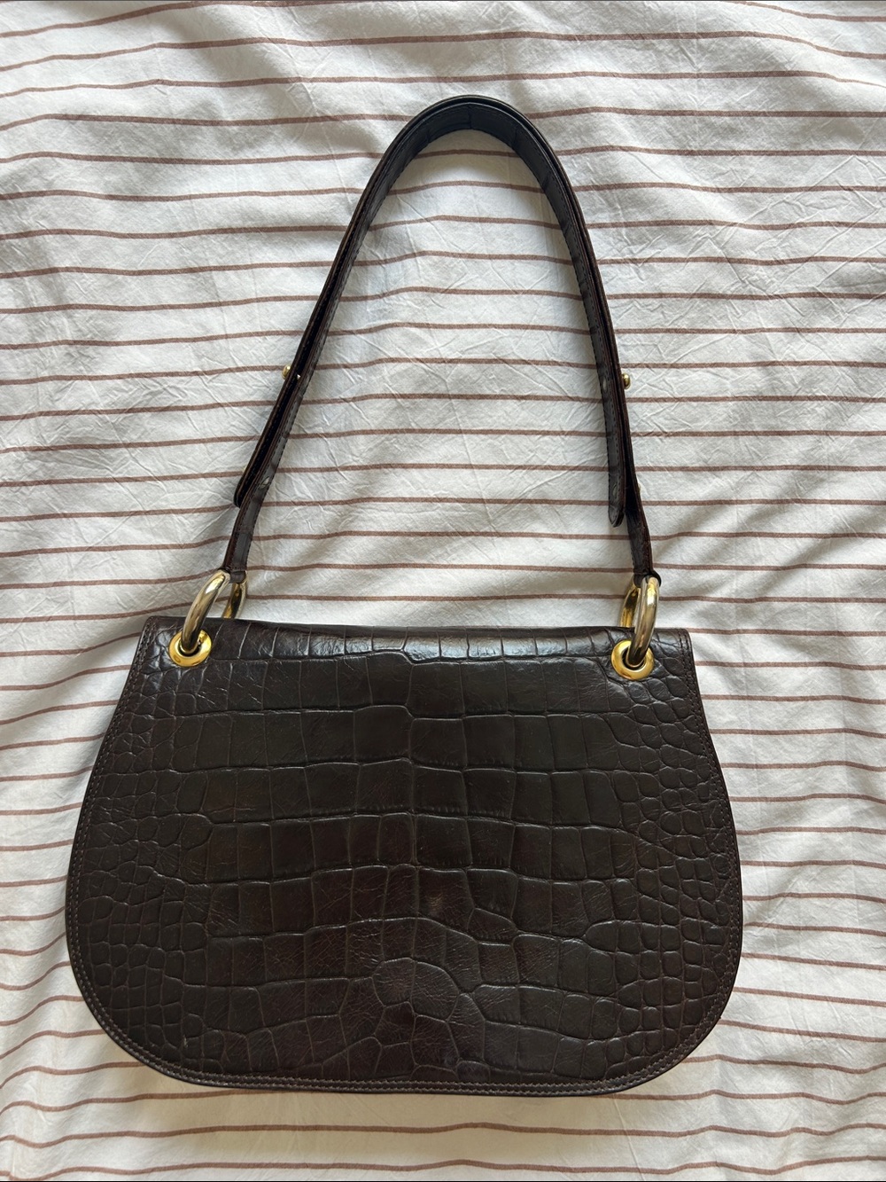 Dark Brown Croc-Embossed Shoulder Bag